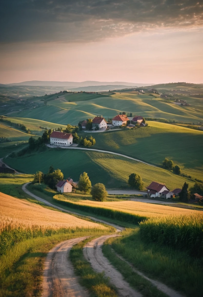 A stunning photograph capturing the essence of a countryside at dusk. The scene features rolling hills, fields, and a winding country road leading to a quaint village in the distance. Crepuscular LIGHTING,in the style of zeiss ikon zm, cluj school, analogue filmmaking, fujifilm provia 400x, luminous shadows, renaissance-inspired chiaroscuro, minimalist backgrounds - HDRI.