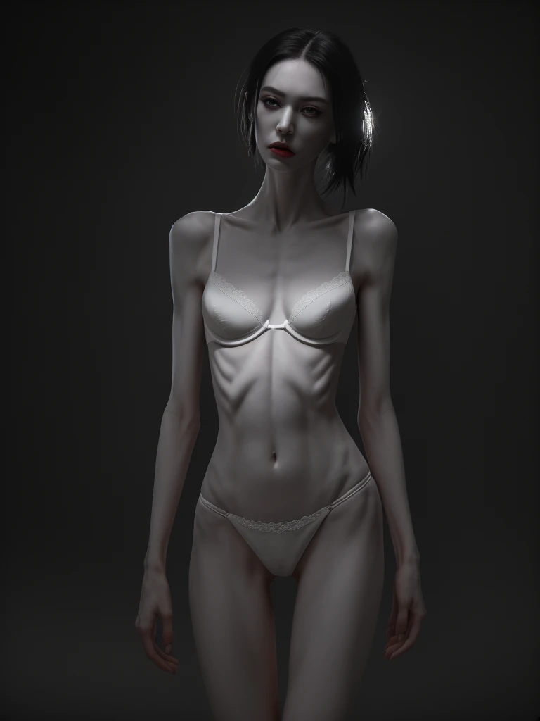 a woman with an extremely thin, emaciated body, visible bones, very slender figure, pale white skin, wearing only panties and a bra, full body tattoo, full body shot, having a mental breakdown, (best quality,4k,8k,highres,masterpiece:1.2),ultra-detailed,(realistic,photorealistic,photo-realistic:1.37),extremely detailed eyes and face,longeyelashes,dramatic lighting,dark moody colors,high contrast,cinematic