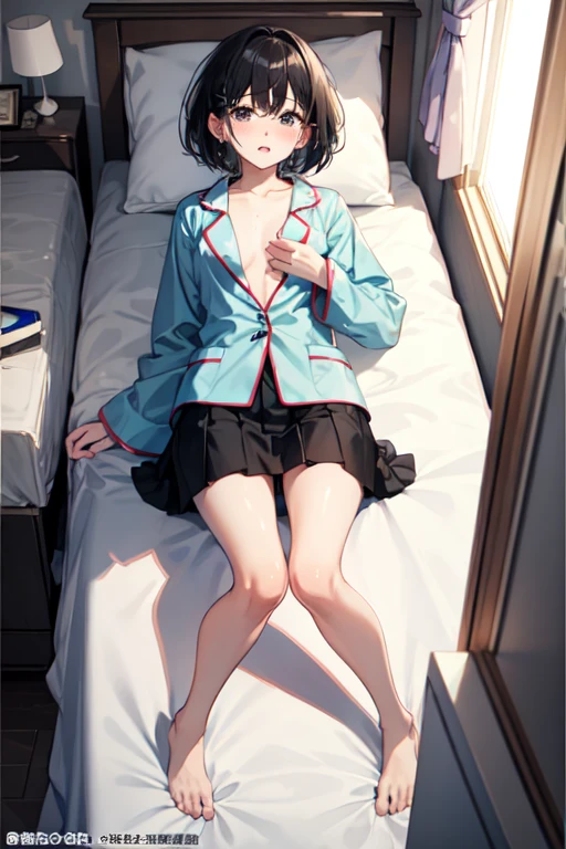 Black Hair、Iris、short hair、Girl、Baby Face、cute、high school student、Skirt Pajamas、Watery eye、、Small breasts、Bedroom、bed、Peeing、Bedwetting、Lying on your back