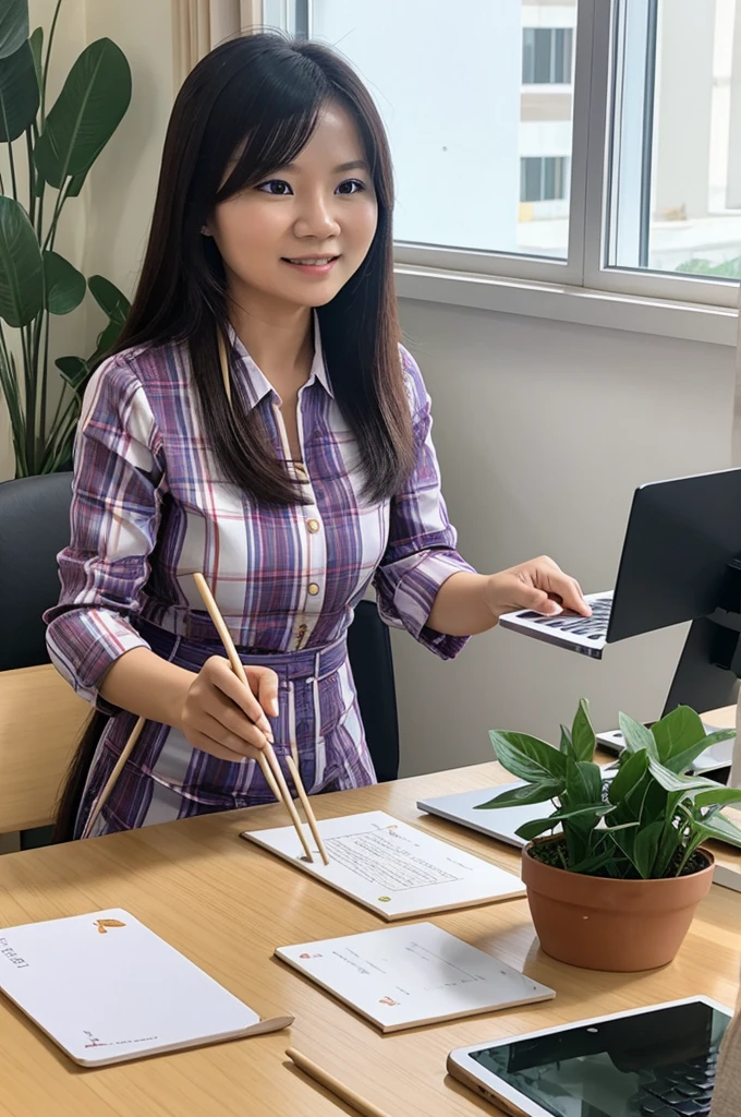 Ms Lyna trong mẫu quảng cáo khoá học Digital marketing của EQVN với tiêu đề: Tool proficiency, revenue breakthrough. Ms. Lyna is holding a chopsticks waving digital marketing tools, on the business growth chart 