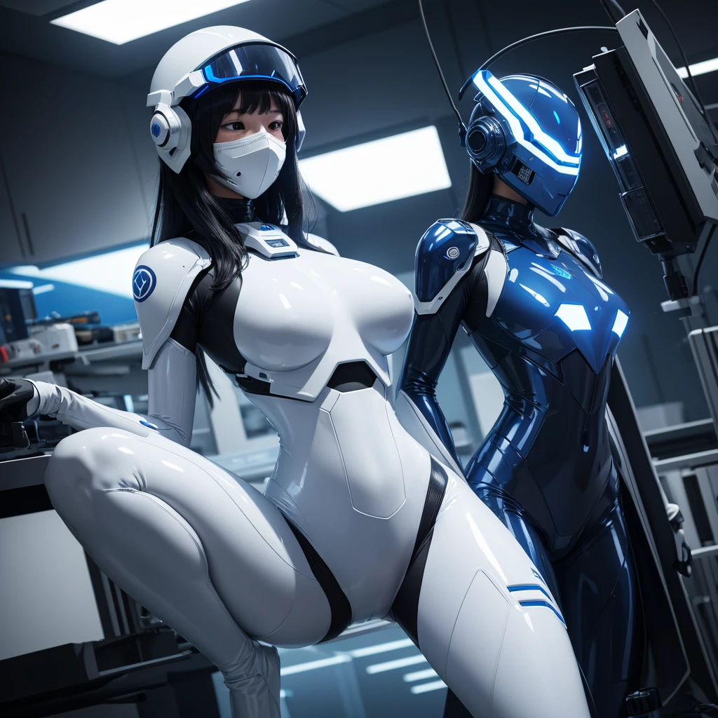 (masterpiece), (best quality), (high res) Solo, (perfect anatomy) Dronificated unknown woman in a fully (enclosed blue latex full body armor) (white LEDs across the suit) (white glowing core in the chest), (enclosed cyber helmet) that cover her whole face and hides her identity with a white screen, huge breast, narrow waist, wide hips and thick thigs, (no face) no face, no hair, no mouth, no eyes, in a lab