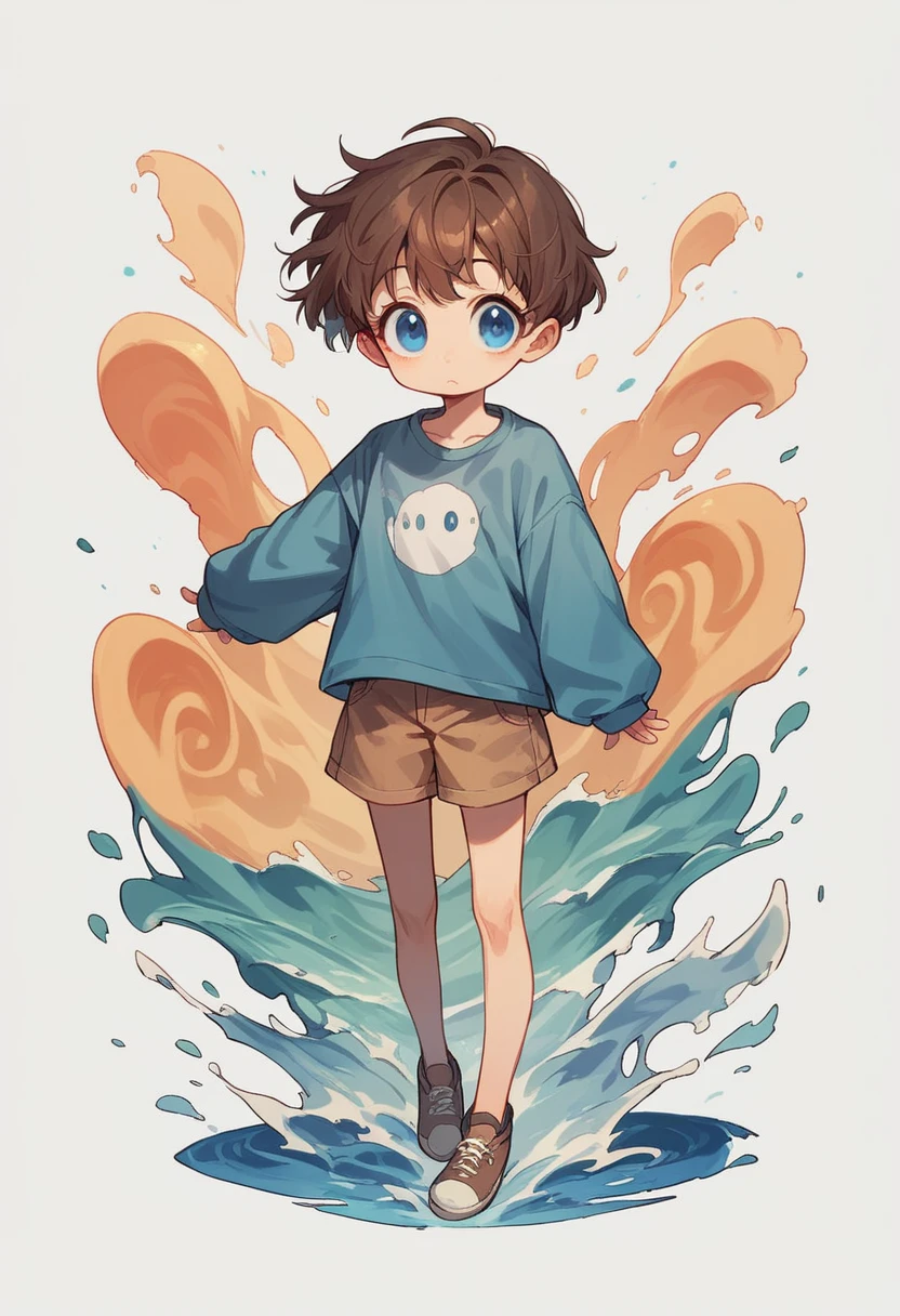 a girl, brown hair, short wave hair, big eyes, blue eyes, white background, full body