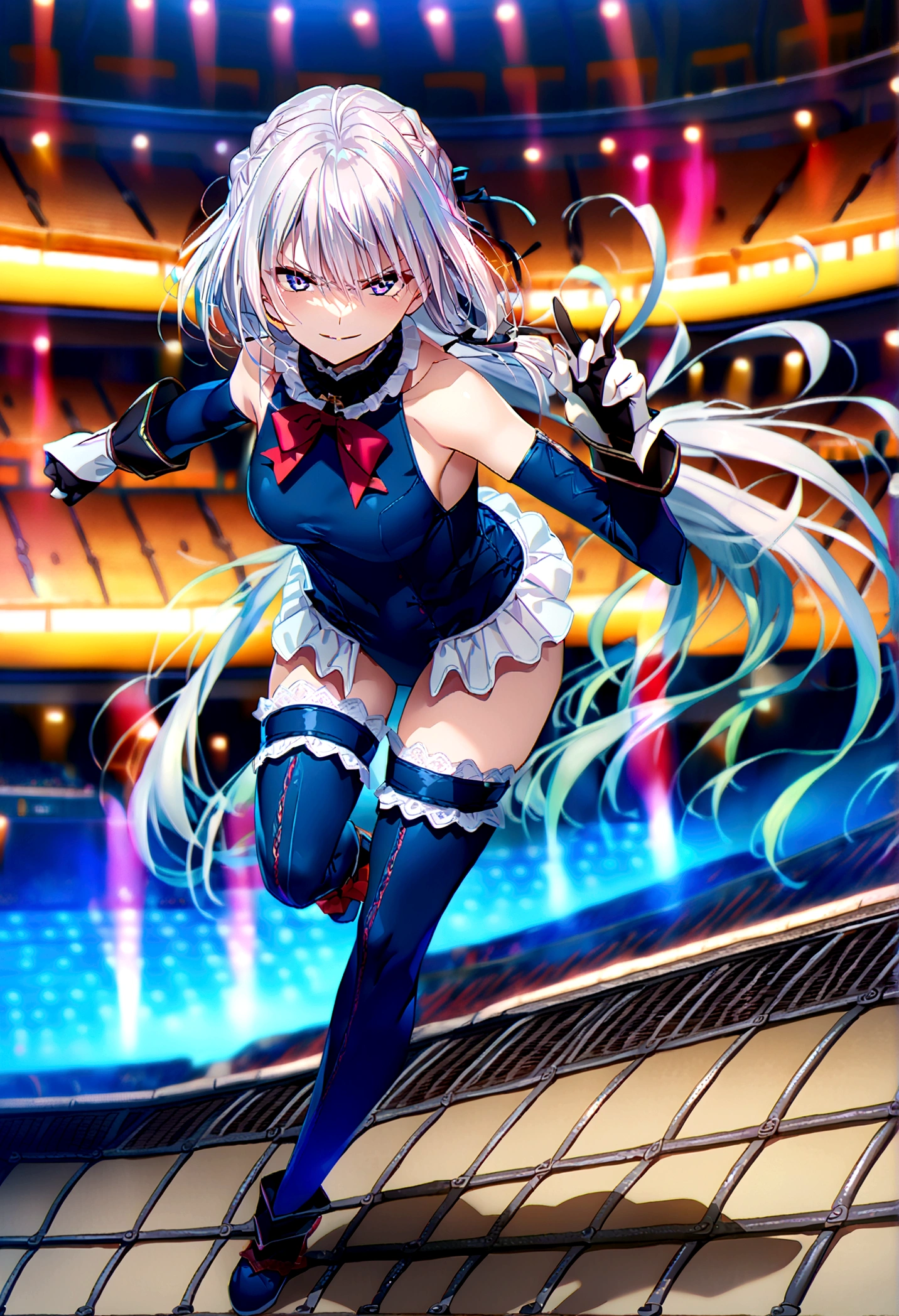 1girl, full body,dark aura,evil smile, masterpiece, best quality, very aesthetic, absurdres, anime artwork, anime style, key visual, vibrant, Studio Anime, highly detailed,1girl,(Silver Hair:1.4),Very long hair,(Arena:1.4), frilled choker, red bowtie, blue one-piece swimsuit, frilled swimsuit, blue sleeves, detached sleeves, gloves, blue thighhighs, frilled thighhighs,fight pose, 