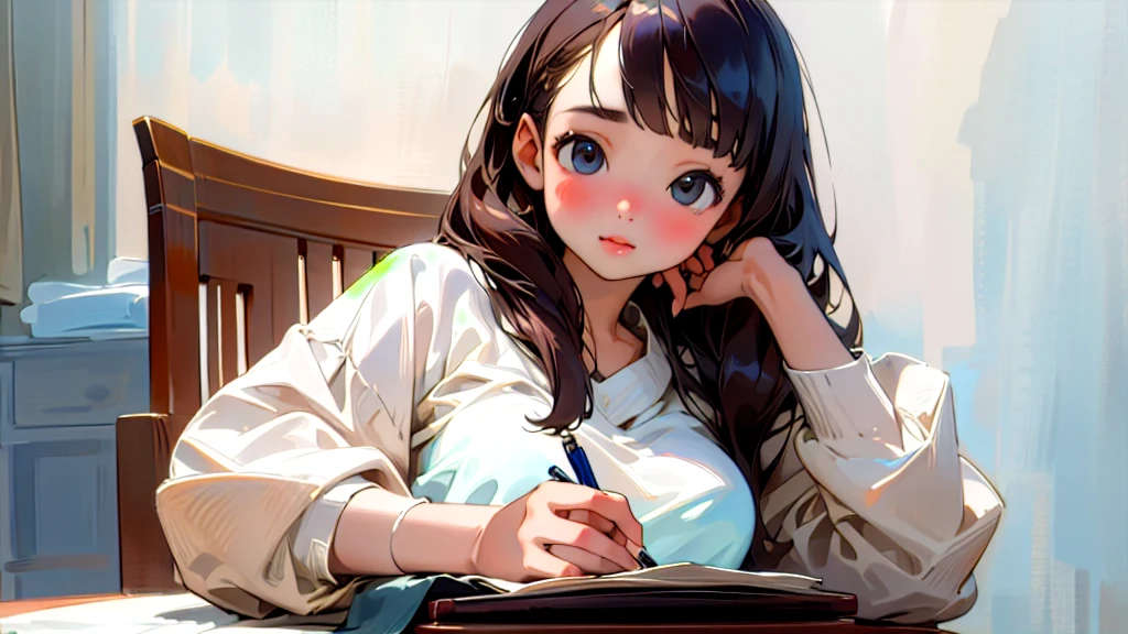 (Highest quality, masterpiece, Ultra-realistic), Beautiful and delicate15Year-old girl portrait, With a calm and gentle expression, The background is the bedroom in my own home.、I am studying hard at my desk.、Holding a pen、Cute clothes、Bust is C cup