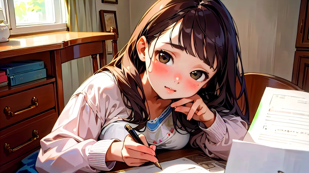 (Highest quality, masterpiece, Ultra-realistic), Beautiful and delicate15Year-old girl portrait, With a calm and gentle expression, The background is the bedroom in my own home.、I am studying hard at my desk.、Holding a pen、Cute clothes、Bust is C cup