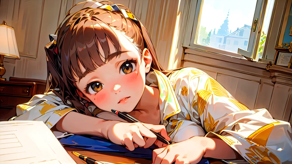 (Highest quality, masterpiece, Ultra-realistic), Beautiful and delicate１５Year-old girl portrait, With a calm and gentle expression, The background is the bedroom in my own home.、I am studying hard at my desk.、Holding a pen、Cute clothes、Bust is C cup