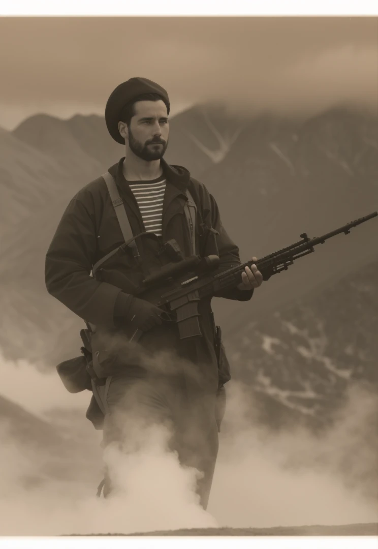 A man stands with a gun , Behind the Mountains 