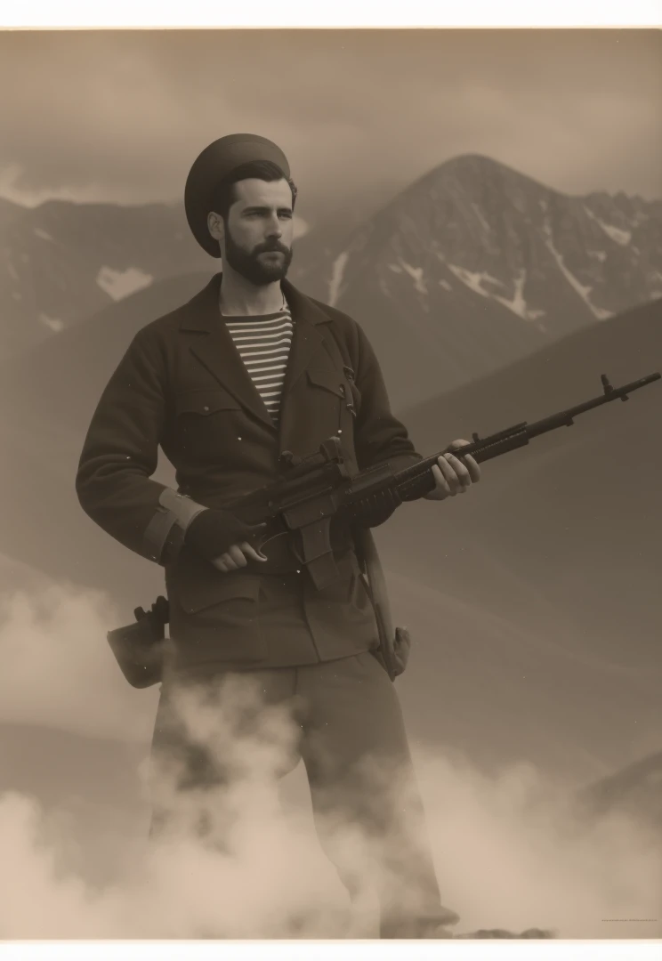 A man stands with a gun , Behind the Mountains