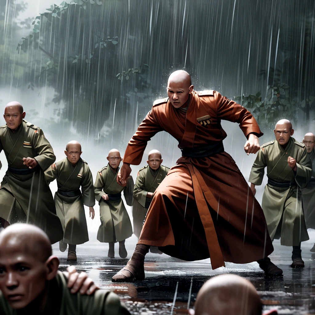 Burmese army attacking monks, cinematic, raining