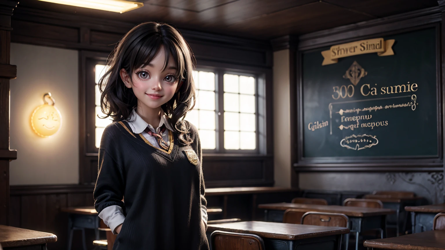 cute smiley bright face girl, bright lighting face, black hair, side standing pose in harry potter classroom,