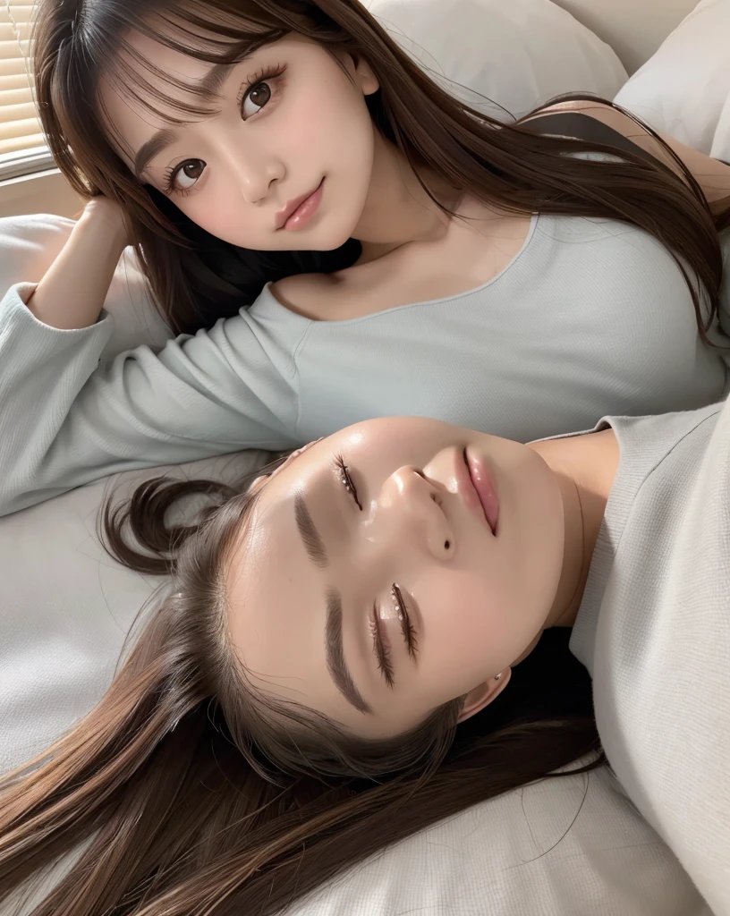 (Highest quality, 32k, High resolution, Masterpiece:1.5, ), marimo_jet, god々A photograph with brilliant dazzling and healing power., Evoking a sense of calm and elusive beauty, Expressing emotions, Have a rich imagination,Beautiful Japanese Girls, ((Lying on your back in bed:1.4)), An exceptionally beautiful face, Small Face Beauty, Perfect Human Anatomy, Motherhood and generosity, Deep Love, Innocent sleeping face, Shiny brown hair, Intricately detailed long hair, Asymmetrical bangs, Hair between the eyes, Transparent, soft white skin, Sharp eyebrows, Thin lashes, Natural Makeup, Cheek highlighter, Pale pink detailed lips, , ((Grey camisole:1.2)), High resolutionの完璧な鎖骨, High resolutionの美しい胸元, Slim figure with ample breasts, High resolutionの美しい太もも, ((A bright room with morning sunlight streaming in:1.3)), ((White bed)), Professional Lighting, Professional photographer, Professional models, god秘的
