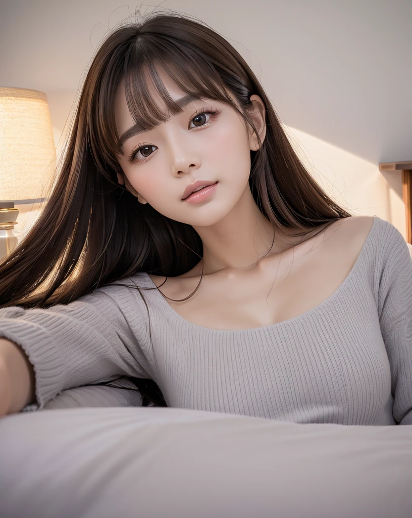 (Highest quality, 32k, High resolution, Masterpiece:1.5, ), marimo_jet, god々A photograph with brilliant dazzling and healing power., Evoking a sense of calm and elusive beauty, Expressing emotions, Have a rich imagination,Beautiful Japanese Girls, ((Lying on your back in bed:1.4)), An exceptionally beautiful face, Small Face Beauty, Perfect Human Anatomy, Motherhood and generosity, Deep Love, Innocent sleeping face, Shiny brown hair, Intricately detailed long hair, Asymmetrical bangs, Hair between the eyes, Transparent, soft white skin, Sharp eyebrows, Thin lashes, Natural Makeup, Cheek highlighter, Pale pink detailed lips, , ((Grey camisole:1.2)), High resolutionの完璧な鎖骨, High resolutionの美しい胸元, Slim figure with ample breasts, High resolutionの美しい太もも, ((A bright room with morning sunlight streaming in:1.3)), ((White bed)), Professional Lighting, Professional photographer, Professional models, god秘的