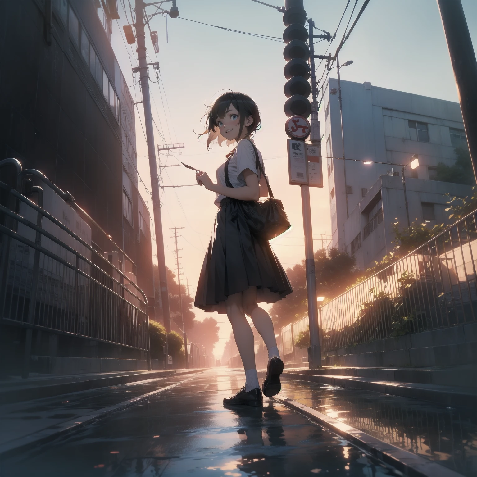 (View from below、Shows the sky above and below)、High resolution、Highest quality、Very detailed、makoto shinkai、sunset、Girl looking sideways in a navy blue skirt、２０Woman in her 20s、Electric pole、electric wire、Railroad crossing、Lens blur、smile、happiness、Railroad crossing