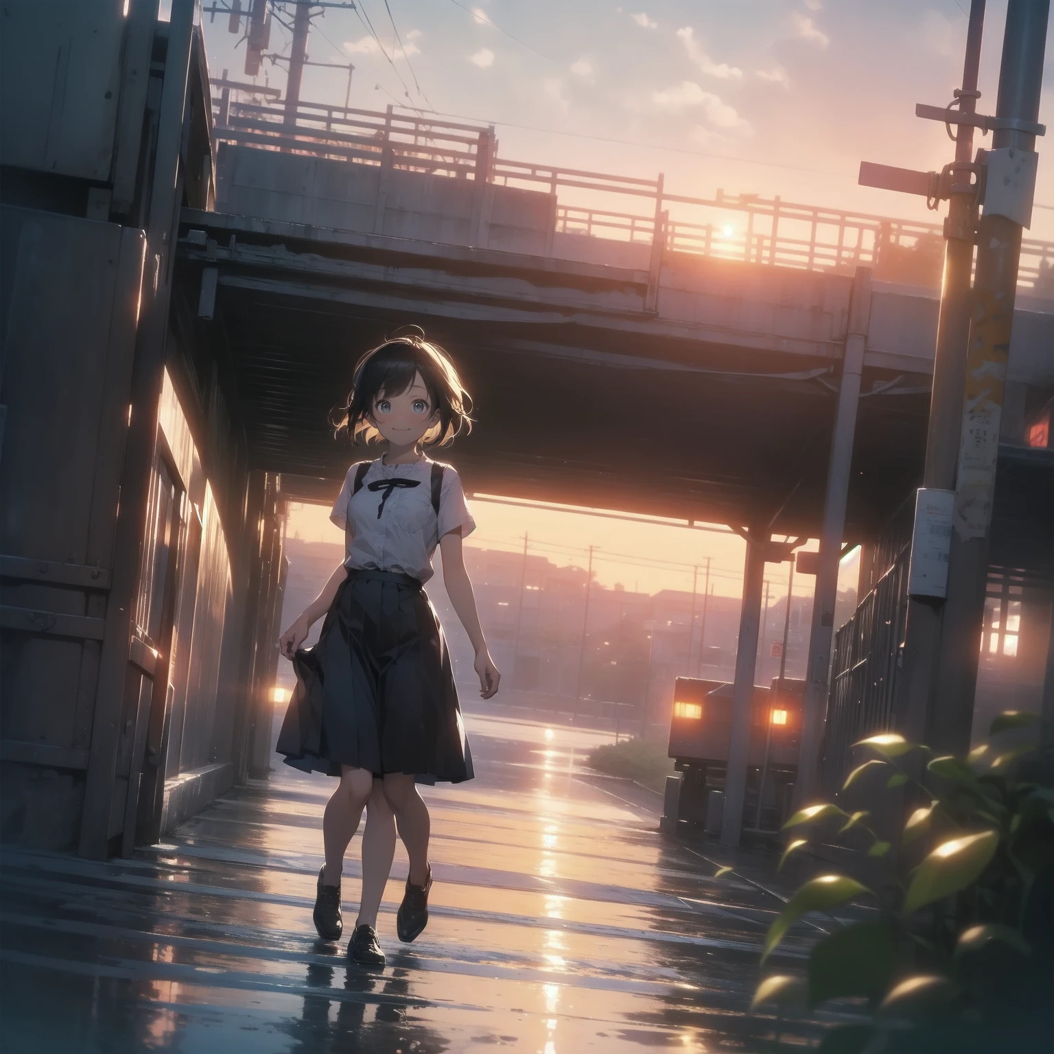 (View from below、Shows the sky above and below)、High resolution、Highest quality、Very detailed、makoto shinkai、sunset、Girl looking sideways in a navy blue skirt、20Woman in her 20s、Electric pole、electric wire、Railroad crossing、Lens blur、smile、happiness、Railroad crossing