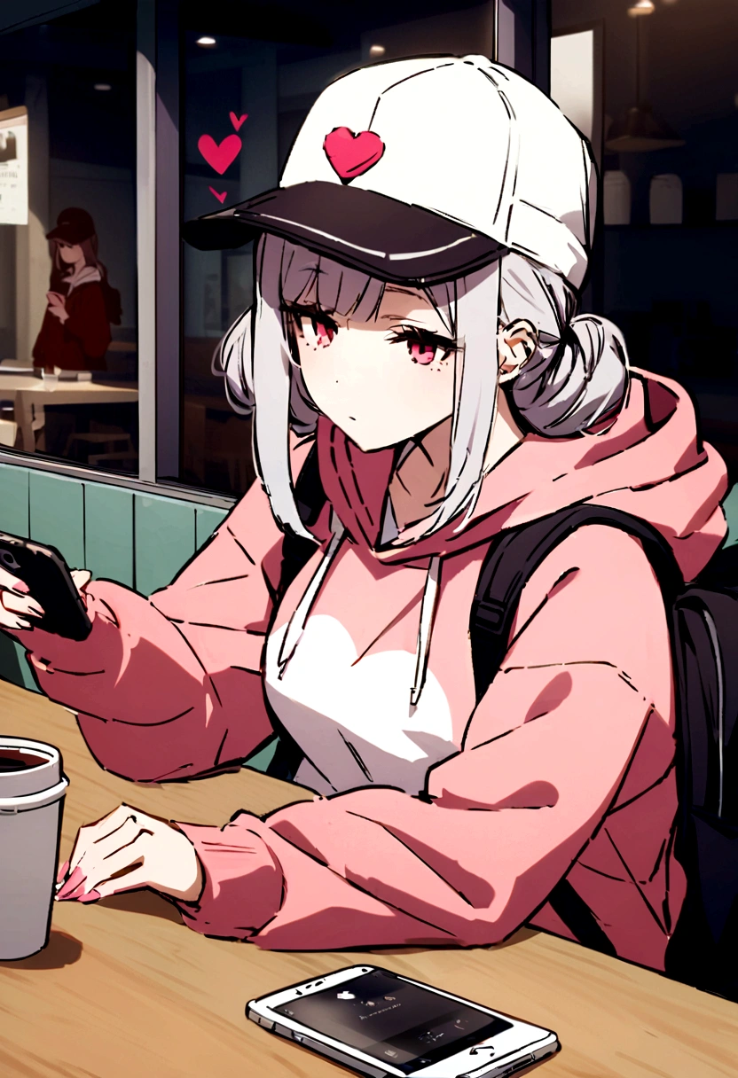 Girl in sweatshirt, Cap and backpack, Buy coffee in the cafeteria,Look at your smartphone,Broken Heart