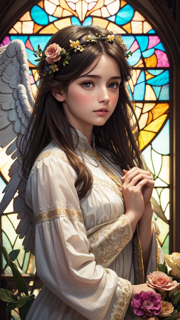 realistic,photorealistic,photo-realistic:1.37,best quality,4k,8k,highres,masterpiece:1.2,ultra-detailed,vibrant colors,stained glass,beautiful vintage angel woman,frontal face,front face,front view,determined expression,(large open angel wings:1.1),Alphonse Mucha style,intricate floral background,warm tones,soft lighting,1girl