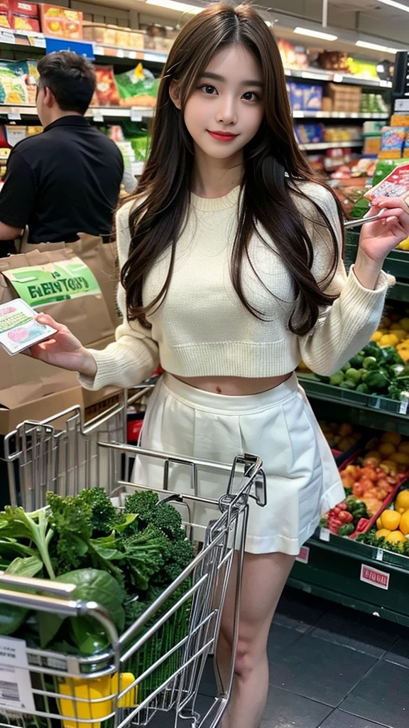 (((sfw : 1.0))), (realistic), (intricate details:1.2), (masterpiece:1.3), (top quality:1.4), (Ultra A high resolution:1.2), 8K resolution, very detailed expression, (high quality), complete anatomy, natural anatomy, full body photo, everyday scene, (handsome man and beautiful woman shopping for groceries with a cart at the supermarket:1.4), happy expression, Flutter, (korean:1.3), (22 years old:1.3), College students, The woman wore mini skirt, the man wore man's wear.