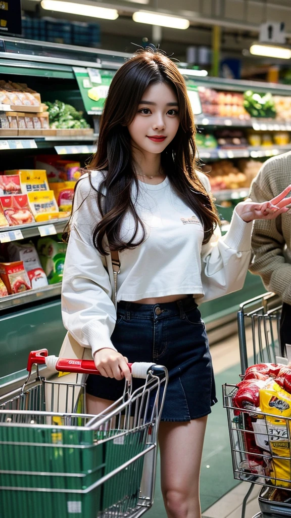 (((sfw : 1.0))), (realistic), (intricate details:1.2), (masterpiece:1.3), (top quality:1.4), (Ultra A high resolution:1.2), 8K resolution, very detailed expression, (high quality), complete anatomy, natural anatomy, full body photo, everyday scene, (handsome man and beautiful woman shopping for groceries with a cart at the supermarket:1.4), happy expression, Flutter, (korean:1.3), (22 years old:1.3), College students, The woman wore mini skirt, the man wore man's wear.