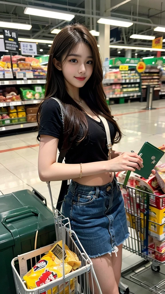 (((sfw : 1.0))), (realistic), (intricate details:1.2), (masterpiece:1.3), (top quality:1.4), (Ultra A high resolution:1.2), 8K resolution, very detailed expression, (high quality), complete anatomy, natural anatomy, full body photo, everyday scene, (handsome man and beautiful woman shopping for groceries with a cart at the supermarket:1.4), happy expression, Flutter, (korean:1.3), (22 years old:1.3), College students, The woman wore mini skirt, the man wore man's wear.