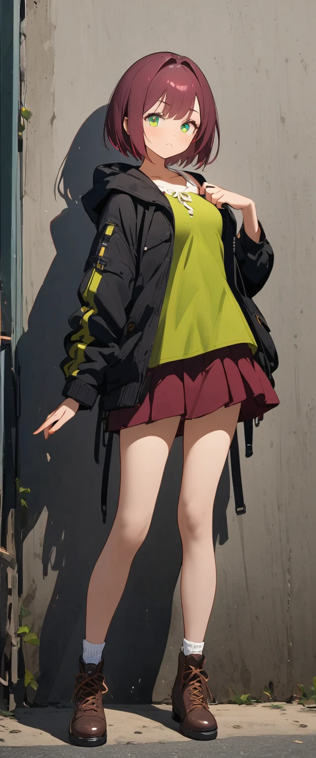 girl, burgundy short hair, lime green eyes, droopy eyes,slender body,small breasts,black hooded jacket,yellow green blouse,burgundy skirt,standing,facing viewer,contrapposto,full body,
frown
