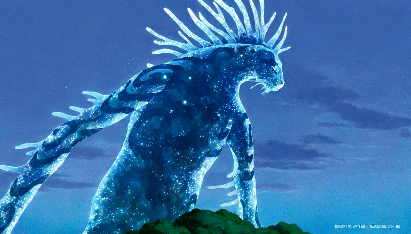 On top of the hill stands a blue creature with a long tail, Ghibli Moebius, luminous Water element, Water element, tales of earthsea, Ghibli anime movies, Full body close-up shot, From Studio Ghibli, Miyazaki anime films, Monster, Hayao Miyazaki\Movies, charles vess