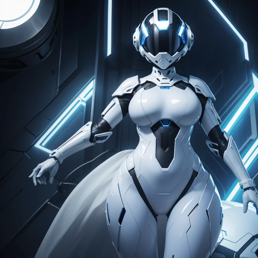 (masterpiece), (best quality), (high res) Solo, (perfect anatomy) Dronificated unknown woman in a fully (enclosed blue latex full body armor) (white LEDs across the suit) (white glowing core in the chest), (enclosed cyber helmet) that cover her whole face and hides her identity with a white screen, huge breast, narrow waist, wide hips and thick thigs, (no face) no face, no hair, no mouth, no eyes, in a lab