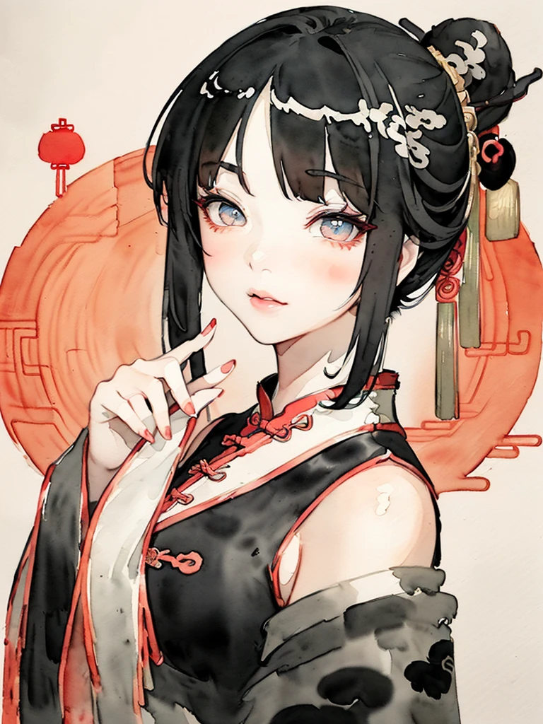 (((((((Chinese ink painting，watercolor paiting，ancient chinese costume,)))))))，((1lady,korean girl,lean face，独奏,))(Masterpiece,Best quality, offcial art, Beautiful and aesthetic:1.2),((Ultra-high resolution,Golden ratio,)) (16K),((from below，detailed background,Landscape paintings)),(Physically-based rendering),Amazing,Sharp focus, (((highdetailskin,))),Intricately detailed clothing,Lying silkworm eyebrows，Delicate pupils，Danfeng eyes,((((detailed hair,middle hair|Shaggy cut|Long bold side bangs|Sleek pixie cut|Voluminous updo|Undercut)))),slender,(masterpiece sidelighting),(The sheen),(beautiful hair,beautiful eyes,）[[Delicate fingers and hands:0.55]::0.85],(Detail fingers),(((Superior quality,)))),((unbelievable Ridiculous,)),((extremely_Detailed_eyes_and_face)),Movie girl,(Dynamic configuration: 1.2),Brilliant,Glossy