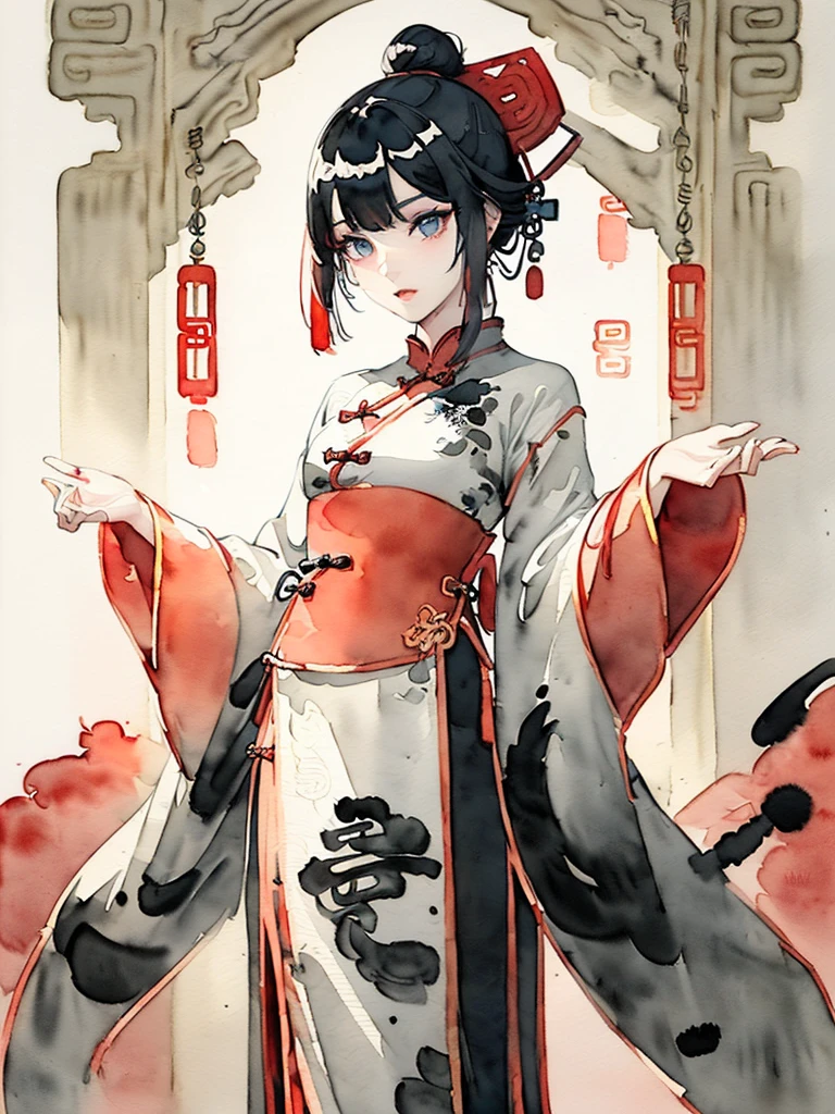 (((((((Chinese ink painting，watercolor paiting，ancient chinese costume,)))))))，((1lady,korean girl,lean face，独奏,))(Masterpiece,Best quality, offcial art, Beautiful and aesthetic:1.2),((Ultra-high resolution,Golden ratio,)) (16K),((from below，detailed background,Landscape paintings)),(Physically-based rendering),Amazing,Sharp focus, (((highdetailskin,))),Intricately detailed clothing,Lying silkworm eyebrows，Delicate pupils，Danfeng eyes,((((detailed hair,middle hair|Shaggy cut|Long bold side bangs|Sleek pixie cut|Voluminous updo|Undercut)))),slender,(masterpiece sidelighting),(The sheen),(beautiful hair,beautiful eyes,）[[Delicate fingers and hands:0.55]::0.85],(Detail fingers),(((Superior quality,)))),((unbelievable Ridiculous,)),((extremely_Detailed_eyes_and_face)),Movie girl,(Dynamic configuration: 1.2),Brilliant,Glossy