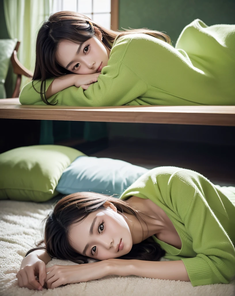 (Highest quality, 32k, High resolution, Masterpiece:1.5, ), marimo_jet, god々A photograph with brilliant dazzling and healing power., Evoking a sense of calm and elusive beauty, Expressing emotions, Have a rich imagination,Beautiful Japanese Girls, ((Lying on one's back in bed:1.4)), An exceptionally beautiful face, Small Face Beauty, Perfect Human Anatomy, Magical big eyes, Motherhood and generosity, Deep Love, fleeting smile, Shiny brown hair, Intricately detailed long hair, Asymmetrical bangs, Hair between the eyes, Transparent, soft white skin, Sharp eyebrows, Thin lashes, Natural Makeup, Cheek highlighter, Pale pink detailed lips, , ((Gray pajamas:1.2)), High resolutionの完璧な鎖骨, High resolutionの美しい胸元, Slim figure with ample breasts, High resolutionの美しい太もも, ((Bright room:1.3)), ((White bed)), Professional Lighting, Professional photographer, Professional models, god秘的