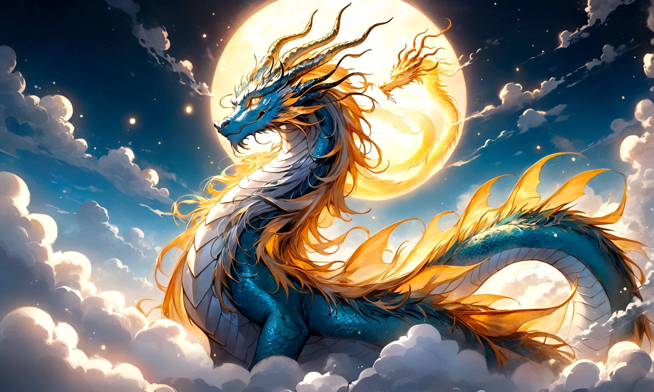 Silver dragon god, gentle gaze, fantastic background, moonlight background, sea of ​​clouds background, golden splashes, mysterious, sacred light, mythical creature, traditional Chinese dragon, mythology, speckled light, hazy haze, mysterious aura, masterpiece, fantastic and graceful dragon, good luck, fantasy art