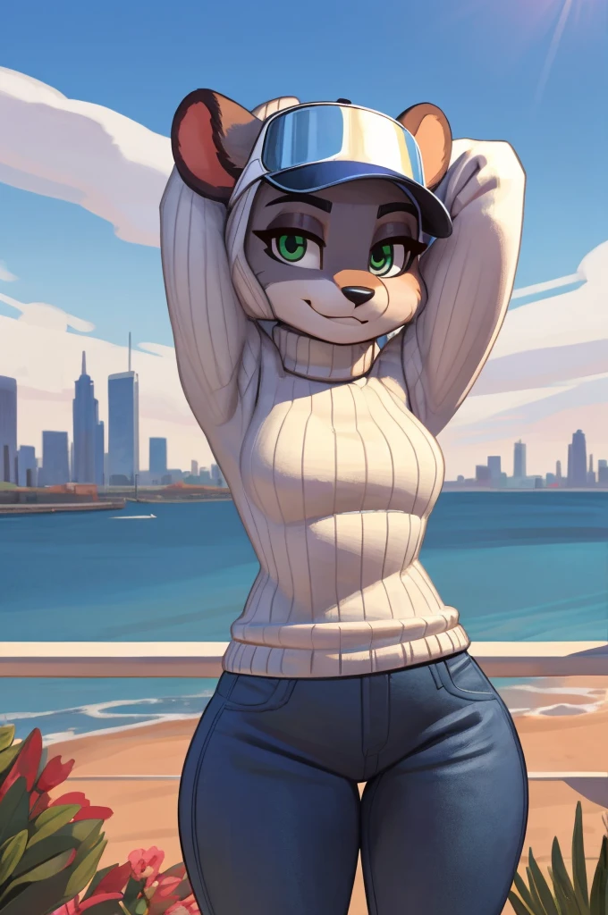 [marie itami], [brand new animal], [Uploaded to e621.net; (wamudraws), (Pixelsketcher)], ((masterpiece)), ((HD)), ((high res)), ((solo portrait)), ((waist-up)), ((front view)), ((furry; anthro)), ((detailed fur)), ((detailed shading)), ((beautiful render art)), ((intricate details)), {anthro mink; grey fur, black nose, (cute green eyes), (detailed iris), (long eyelashes), (long fluffy tail), (curvy hips), (detailed legs), (beautiful legs), (smug smirk), (relaxed expression)}, {(black turtleneck sweater), (white coat), (tight jeans), (green shades on head)}, {(standing), (hand behind head), (looking at viewer)}, [background; (city), (beautiful port), (clouds in sky), (blue sky), (sun rays), (ambient lighting)]