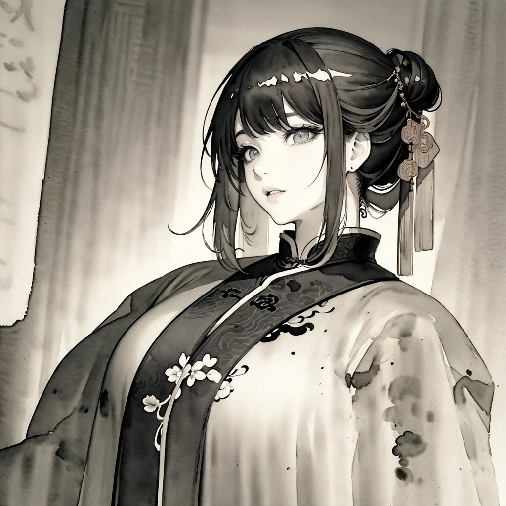 (((((((Chinese ink painting，watercolor paiting，ancient chinese costume,)))))))，((1lady,korean girl,lean face，独奏,))(Masterpiece,Best quality, offcial art, Beautiful and aesthetic:1.2),((Ultra-high resolution,Golden ratio,)) (16K),((from below，detailed background,Landscape paintings)),(Physically-based rendering),Amazing,Sharp focus, (((highdetailskin,))),Intricately detailed clothing,Lying silkworm eyebrows，Delicate pupils，Danfeng eyes,((((detailed hair,middle hair|Shaggy cut|Long bold side bangs|Sleek pixie cut|Voluminous updo|Undercut)))),slender,(masterpiece sidelighting),(The sheen),(beautiful hair,beautiful eyes,）[[Delicate fingers and hands:0.55]::0.85],(Detail fingers),(((Superior quality,)))),((unbelievable Ridiculous,)),((extremely_Detailed_eyes_and_face)),Movie girl,(Dynamic configuration: 1.2),Brilliant,Glossy