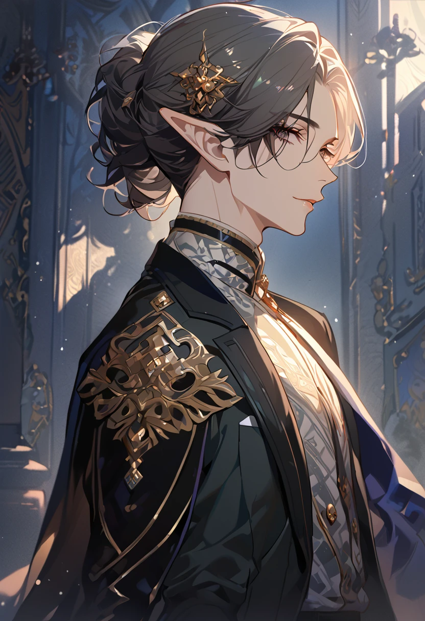 masterpiece, best quality, 8k ,4k , 1 male, elf, long ears elf, dark grayish hair, dark greenish eyes, hair ornament, finely detailed eyes and detailed face, looking at viewer, from side, meticulous clothes, formal clothes, combination of white and black coat, half cape by the shoulders, patterned clothes, majestic looks, sharp looks, shadows, inspired by Asukaziye artist : ask, art style : ask