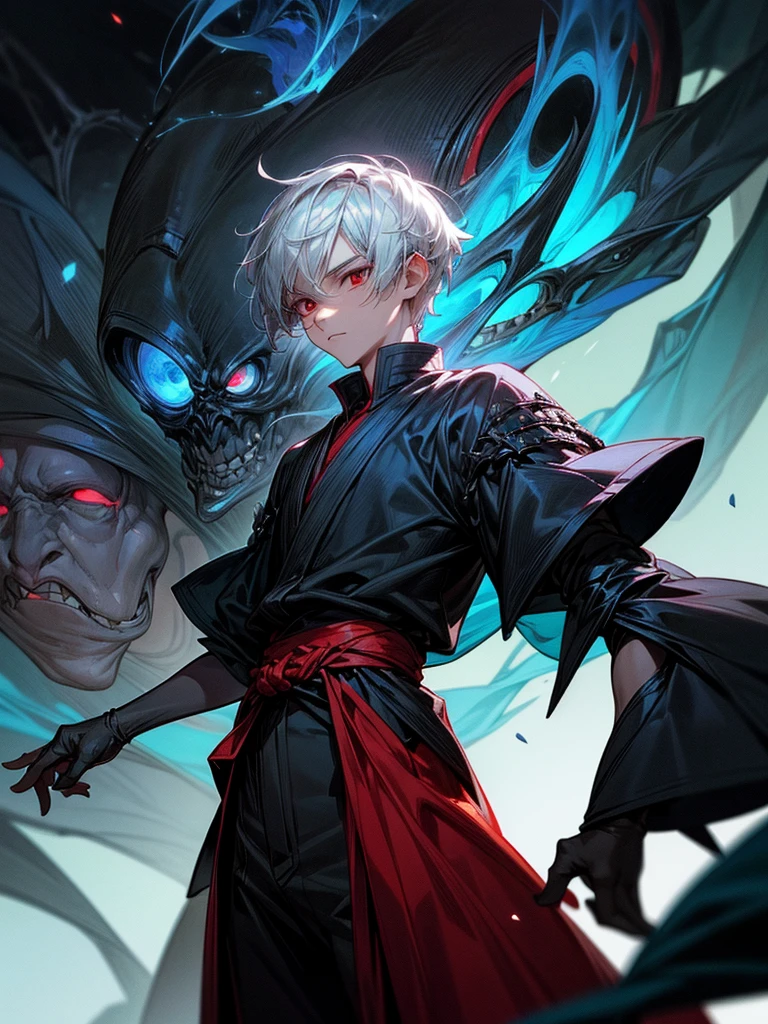 A front of a young man with short white hair, red eyes, masculine face. Wearing a black cloack with blue details. He is standing, looking to the side. Dungeons and Dragons art direction, studio ghibli Style