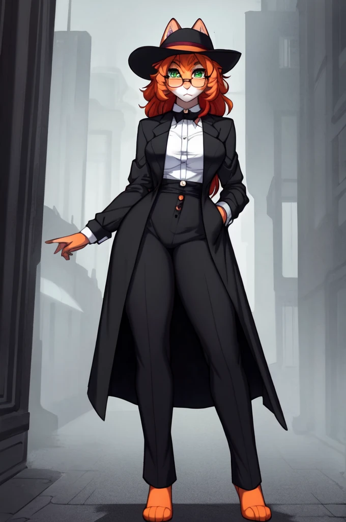Solo:1.2, by claweddrip, by hyattlen, by jay naylor, an anthro female orange tabby cat, long deep red hair, glasses, green eyes, tabby cat tail, orange cat ears, pink nose, wearing fedora, long trench coat, button up shirt and tie, hands in pockets, dress pants, looking to her side, dramatic pose, standing in a dark foggy city, detailed eyes,