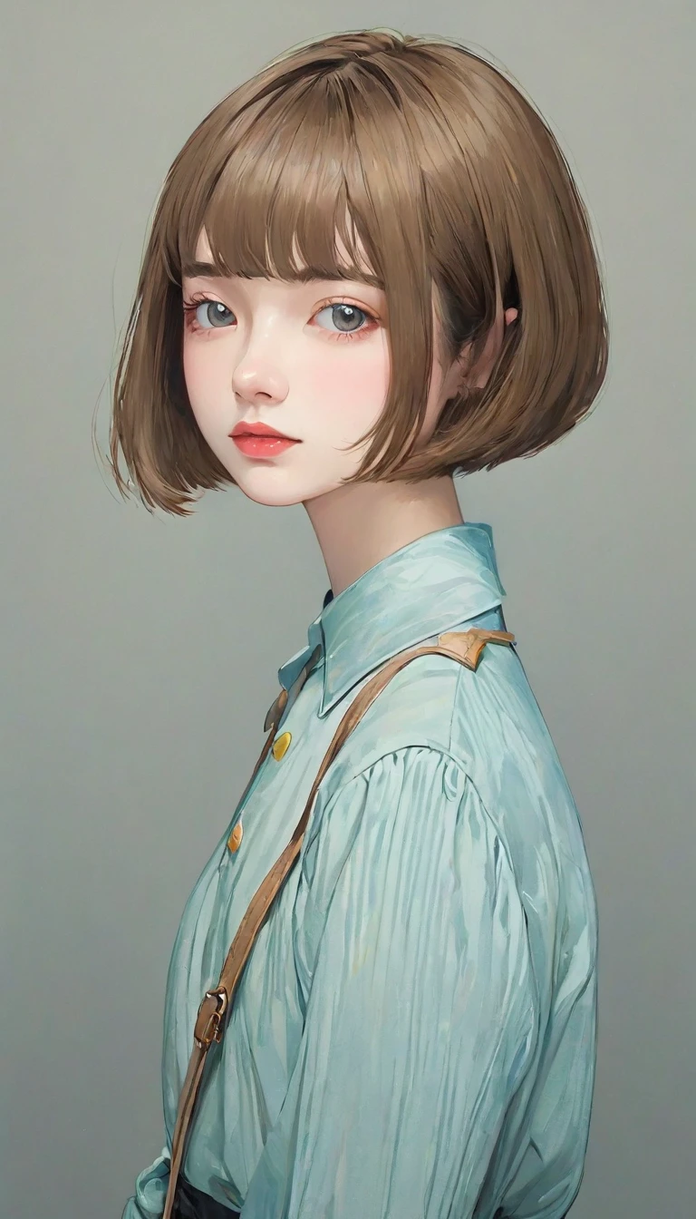 masterpiece, best quality, 1. Miss, 14 years old, pretty girl,((short hair)), Surrealism、Simple background、Solid color background、