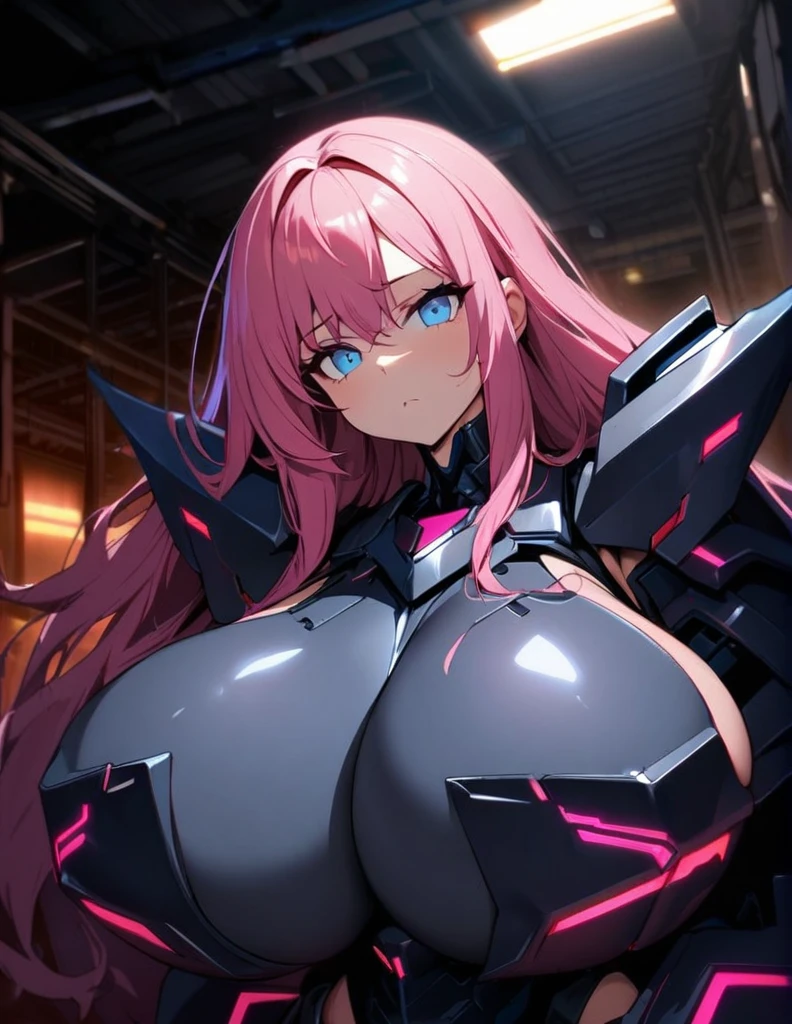 1girl,solo,pink hair color,long hair,light blue eyes,gigantic huge breasts,Wearing black sci-fi armor,Armor adheres closely to body lines,expressionless,Ruthless,close mouth,In a dimly lit warehouse,looking at viewer,