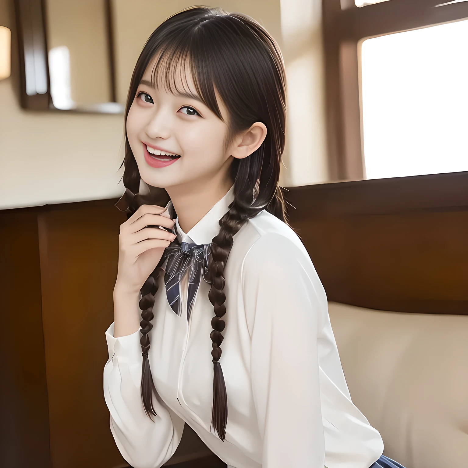 (highest quality, masterpiece:1.2), highest quality, High resolution, 1080P, 8K, Height: 158cm, ((A very intelligent, very noble, pretty and neat Japanese beautiful girl fashion model. Looking at the audience. Realistic fashion model)), ((((White face with plump cheeks)))), Glossy lips, (Evenly cut bangs), ((Very beautiful dark eyes)), The very large, shiny, wide red ribbon bow-tie on her chest is very cute., ((Black Hair)), ((long twin braids)), (((Cream colored blouse))), A neat uniform, Very lustrous, glossy lips, Open hand over open mouth, slender, Beautiful hair like a hair model, Cream colored long skirt, Watching the viewer and laughing, ((Incredibly well organized, The expression is rich. plump and beautiful skin and face)), ((Pure and clear eyes)), Long eyelashes, ((laughing at me!))