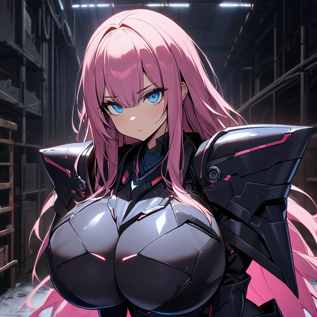1girl,solo,pink hair color,long hair,light blue eyes,gigantic huge breasts,Wearing black sci-fi armor,Armor adheres closely to body lines,expressionless,Ruthless,close mouth,In a dimly lit warehouse,looking at viewer,