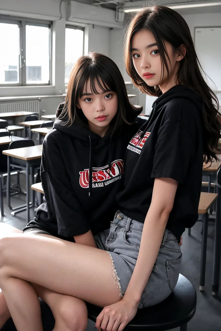 deux femmes ensemble de 18 ans sexy et mince , black short sleeve hoodie , salle de classe, se touche,position sey,sensuel