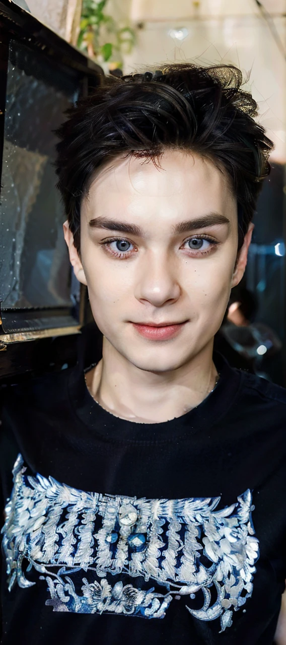 masculine male, masterpiece, ((perfect eyes)) best quality, (semirealism:1.9), beautiful lighting, (extremely detailed CG unity 4k fhd wallpaper), High Detail, Sharp focus, dramatic outdoors, 1 boy ,19 years old, white hair, light purpel eyes, smile.