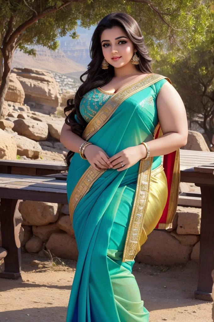 1 Heavenly beautiful and goddess beauty cute and sweet looking face Arabian woman in Table Mountain, Heavenly beautiful Overweight, Heavenly beautiful Extremely fat, Heavenly beautiful and attractive Chubby figure , Heavenly beautiful looking and eye catching luxury style tight fitting elegant saree, reaching out, Heavenly beautiful Arabian woman, 16k, High resolution, masterpiece, highest quality, fine skin, Realistic Photograph