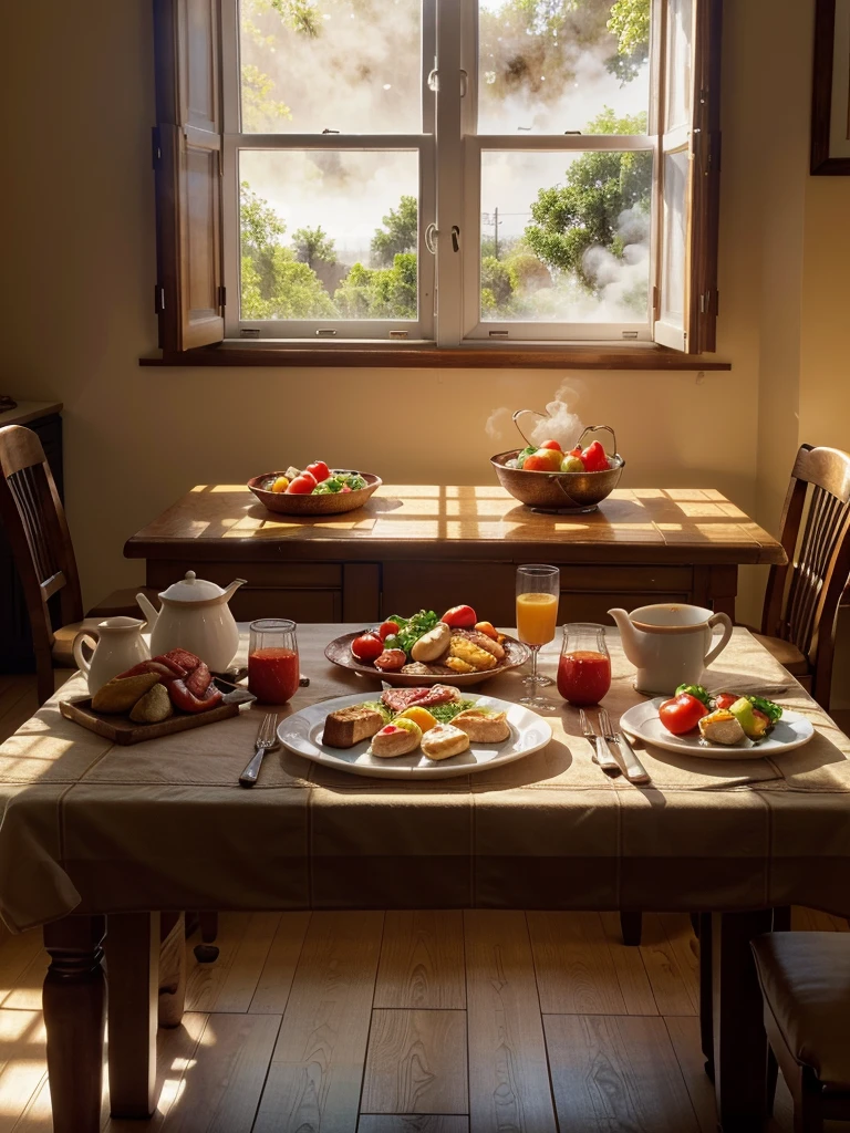 a delicious morning breakfast, steam rising from plates, warm sunlight streaming through windows, fresh baked bread, crisp bacon, perfectly cooked eggs, juicy tomatoes, colorful fresh fruits, elegant table setting, ambient natural lighting, photorealistic, highly detailed, cinematic composition, warm tones