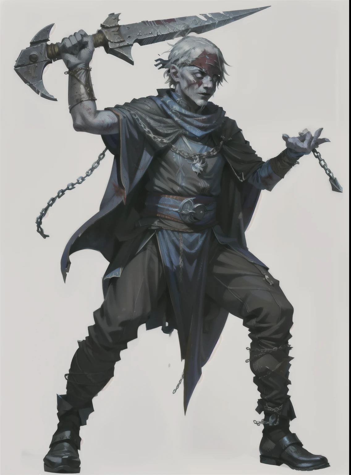 I want a character with a white background, png, Full body image, a jester, Masochist, guy smelling chains all over his body, blindfolded, and with a scythe on the chain, appearance of blood around the body and sigil tattoos, hair long black ones covering part of the face, and cloth shoes on the feet
