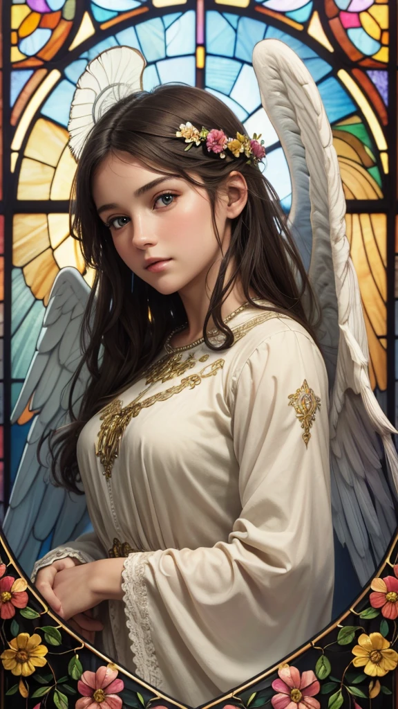 realistic,photorealistic,photo-realistic:1.37,best quality,4k,8k,highres,masterpiece:1.2,ultra-detailed,vibrant colors,stained glass,beautiful vintage angel woman,frontal face,front face,front view,determined expression,(large open angel wings:1.1),Alphonse Mucha style,intricate floral background,warm tones,soft lighting,1girl