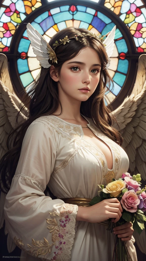 realistic,photorealistic,photo-realistic:1.37,best quality,4k,8k,highres,masterpiece:1.2,ultra-detailed,vibrant colors,stained glass,beautiful vintage angel woman,frontal face,front face,front view,determined expression,(large open angel wings:1.1),Alphonse Mucha style,intricate floral background,warm tones,soft lighting,1girl