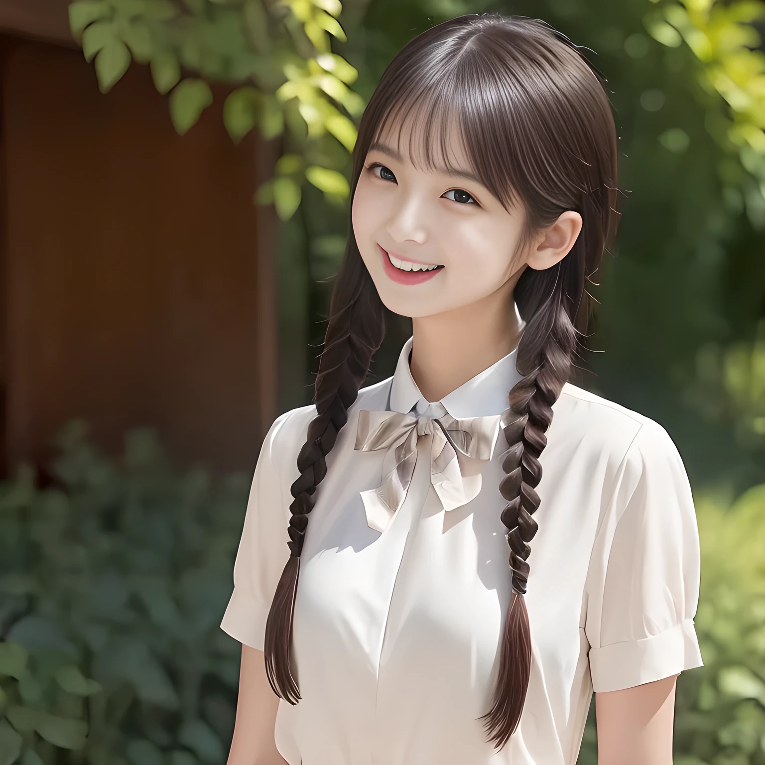 (highest quality, masterpiece:1.2), highest quality, High resolution, 1080P, 8K, Height: 158cm, ((A very intelligent, very noble, pretty and neat Japanese beautiful girl fashion model. Looking at the audience. Realistic fashion model)), ((((White face with plump cheeks)))), Glossy lips, (Evenly cut bangs), ((Very beautiful dark eyes)), The very large, shiny, wide red ribbon bow-tie on her chest is very cute., ((Black Hair)), ((long twin braids)), (((Cream colored blouse))), A neat uniform, Very lustrous, glossy lips, Open hand over open mouth, slender, Beautiful hair like a hair model, Cream colored long skirt, Watching the viewer and laughing, ((Incredibly well organized, The expression is rich. plump and beautiful skin and face)), ((Pure and clear eyes)), Long eyelashes, ((laughing at me!))