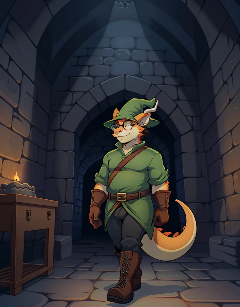 A male chubby anthropomorphic orange dragon , a sleavless tunic, glasses, black pants, gloves, boots, and a wizard hat, in a dungeon, walking