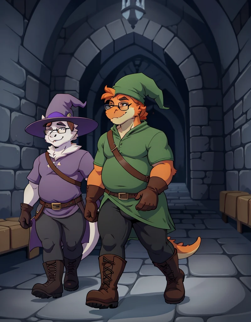 A male chubby anthropomorphic orange dragon , a sleavless tunic, glasses, black pants, gloves, boots, and a wizard hat, in a dungeon, walking