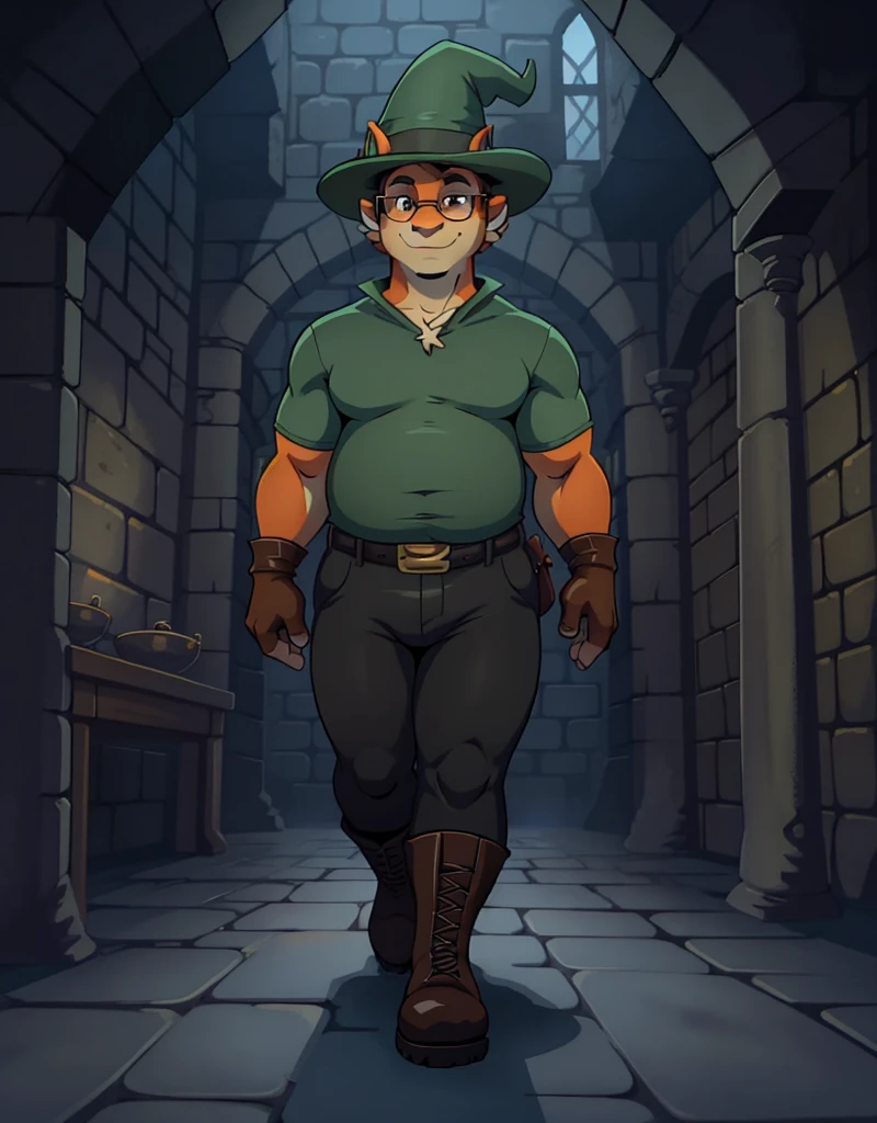 A male chubby anthropomorphic orange dragon , a sleavless tunic, glasses, black pants, gloves, boots, and a wizard hat, in a dungeon, walking